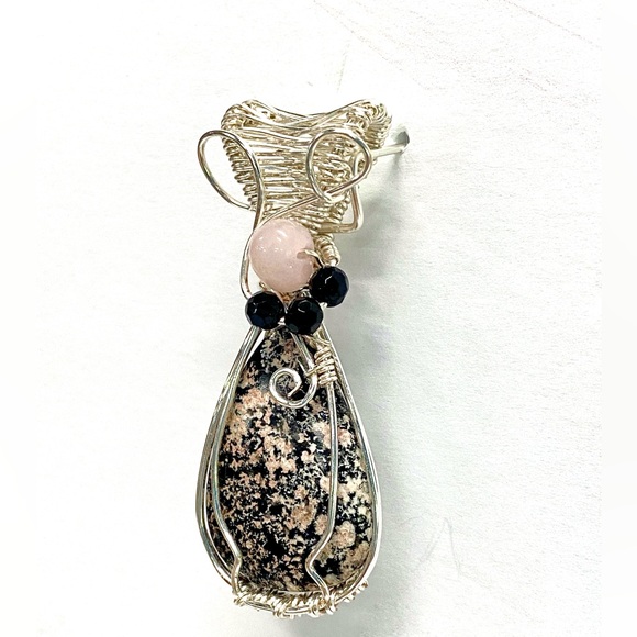 HANDMADE Firework Obsidian, Rose Quartz and Faceted Crystal Hand Wrapped Pendant - Picture 9 of 10